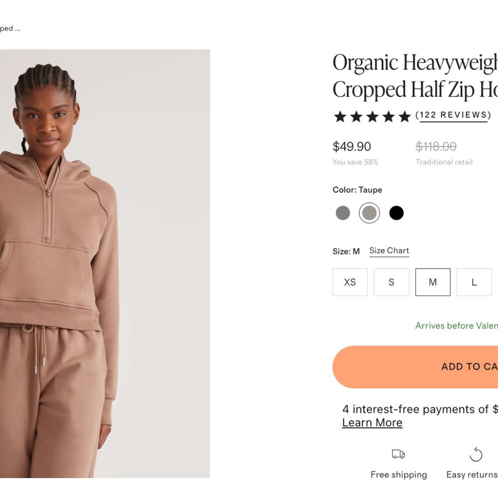 Quince Organic Heavyweight Fleece Boyfriend quarter zip sweatshirt and sweatpant